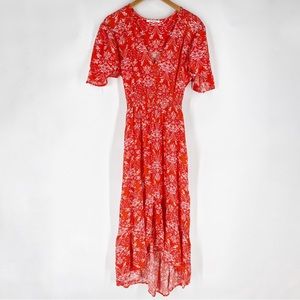 ATL Abel the Label V Neck BOHO Maxi Dress Printed Short Sleeve Smocked Waist